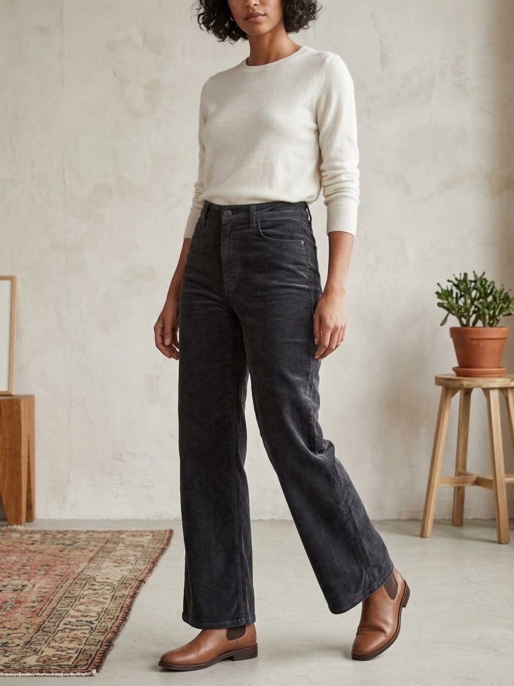 PAIGE Leenah Ankle Black Corduroy Pants High Rise Wide Leg Stretch Sz 27